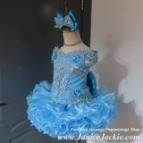 (#1329) Off shoulder flat style high glitz national pageant dress. (light blue) / 3 ~ 4 weeks production (no necklace).