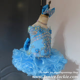 (#1329) Off shoulder flat style high glitz national pageant dress. (light blue) / 3 ~ 4 weeks production (no necklace).