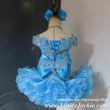 (#1329) Off shoulder flat style high glitz national pageant dress. (light blue) / 3 ~ 4 weeks production (no necklace).