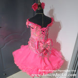 (#1336) Off shoulder flat MEGA GLITZ national pageant dress. (neon pink) / 3 ~ 4 weeks production (no necklace) ONE OF A KIND DESIGN