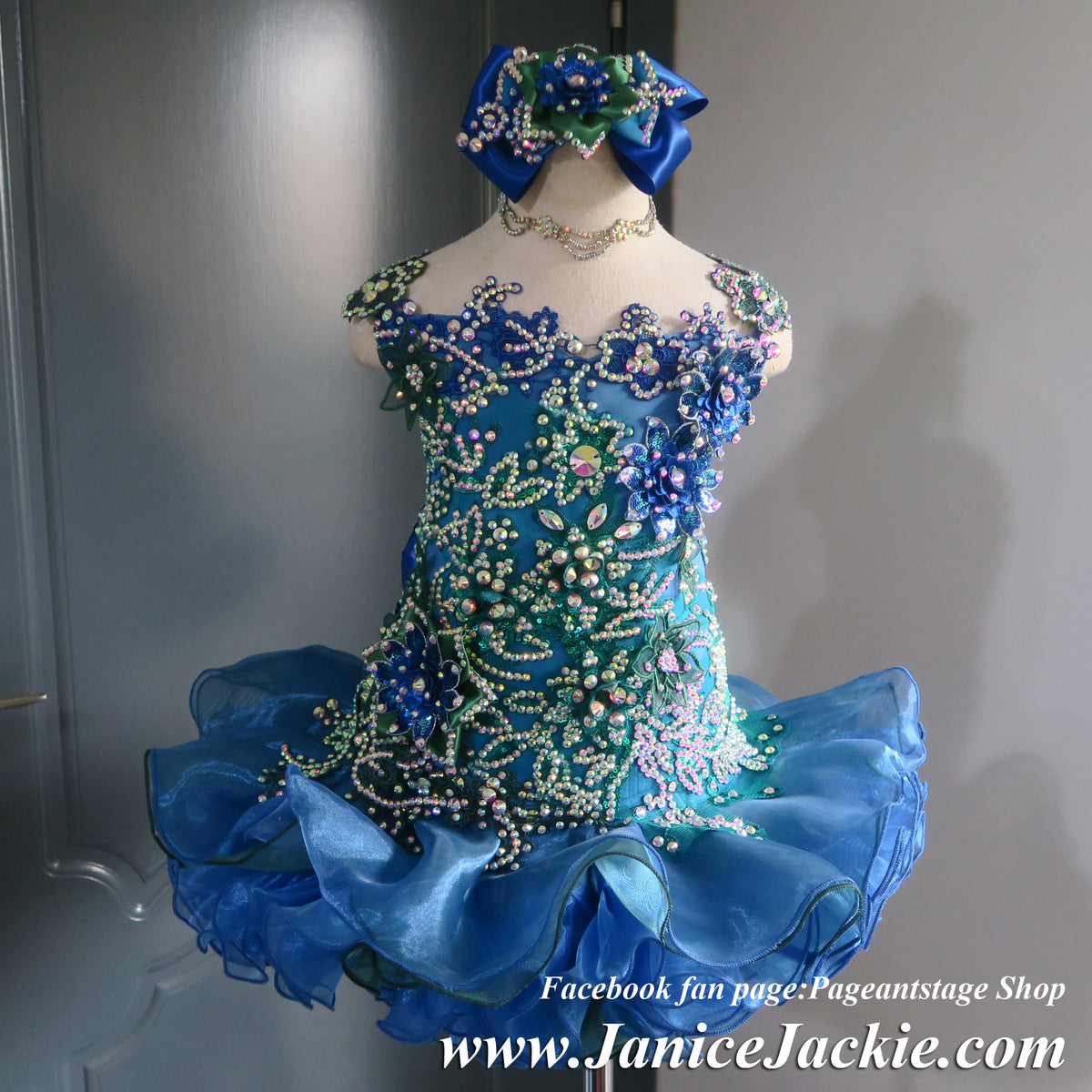 1339) Straps flat style MEGA GLITZ national pageant dress. (blue + e   janicejackie