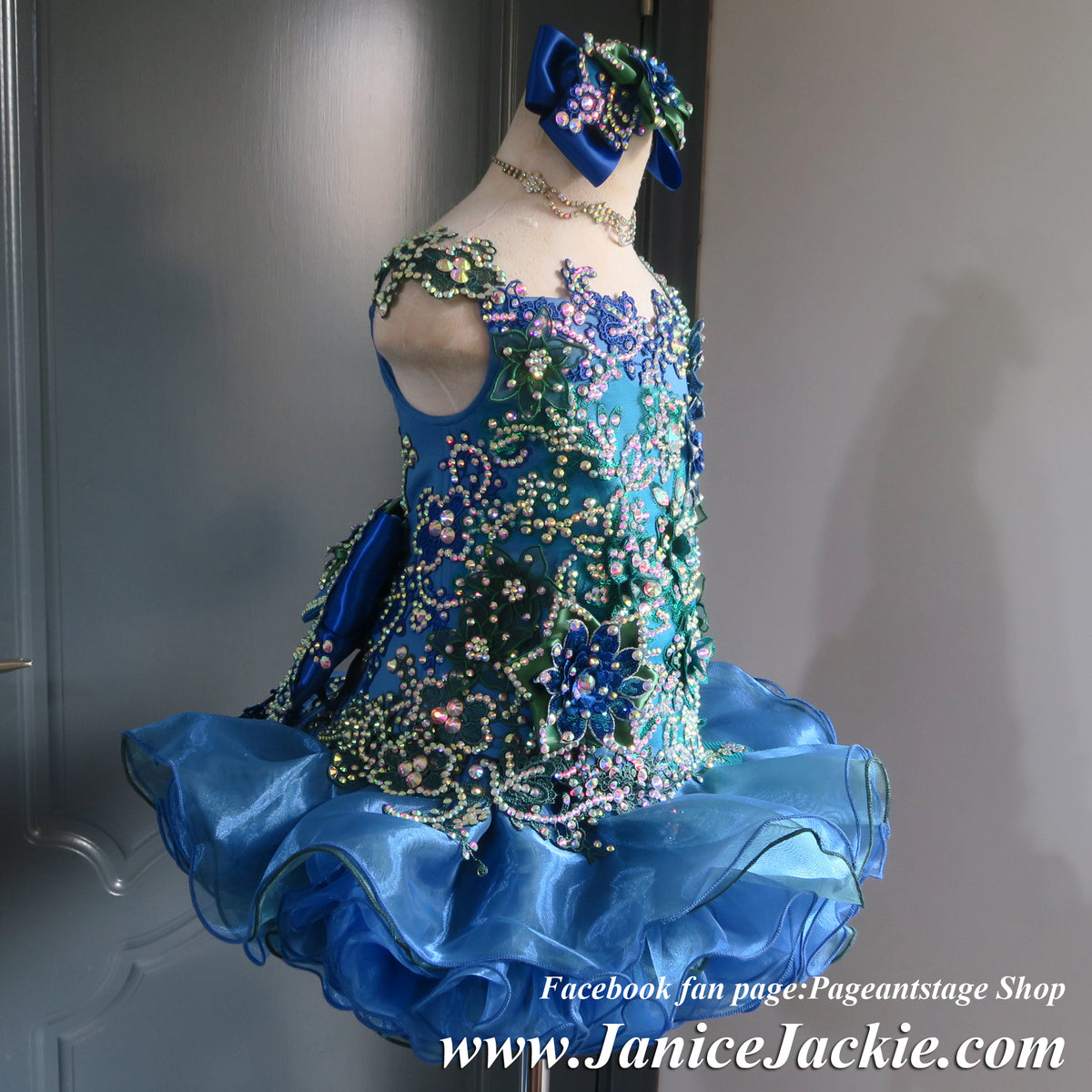 (#1339) Straps flat style MEGA GLITZ national pageant dress. (blue +  emerald green)/ 3 ~ 4 weeks production (no necklace) ONE OF A KIND DESIGN