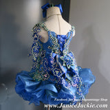 (#1339) Straps flat style MEGA GLITZ national pageant dress. (blue + emerald green)/ 3 ~ 4 weeks production (no necklace) ONE OF A KIND DESIGN