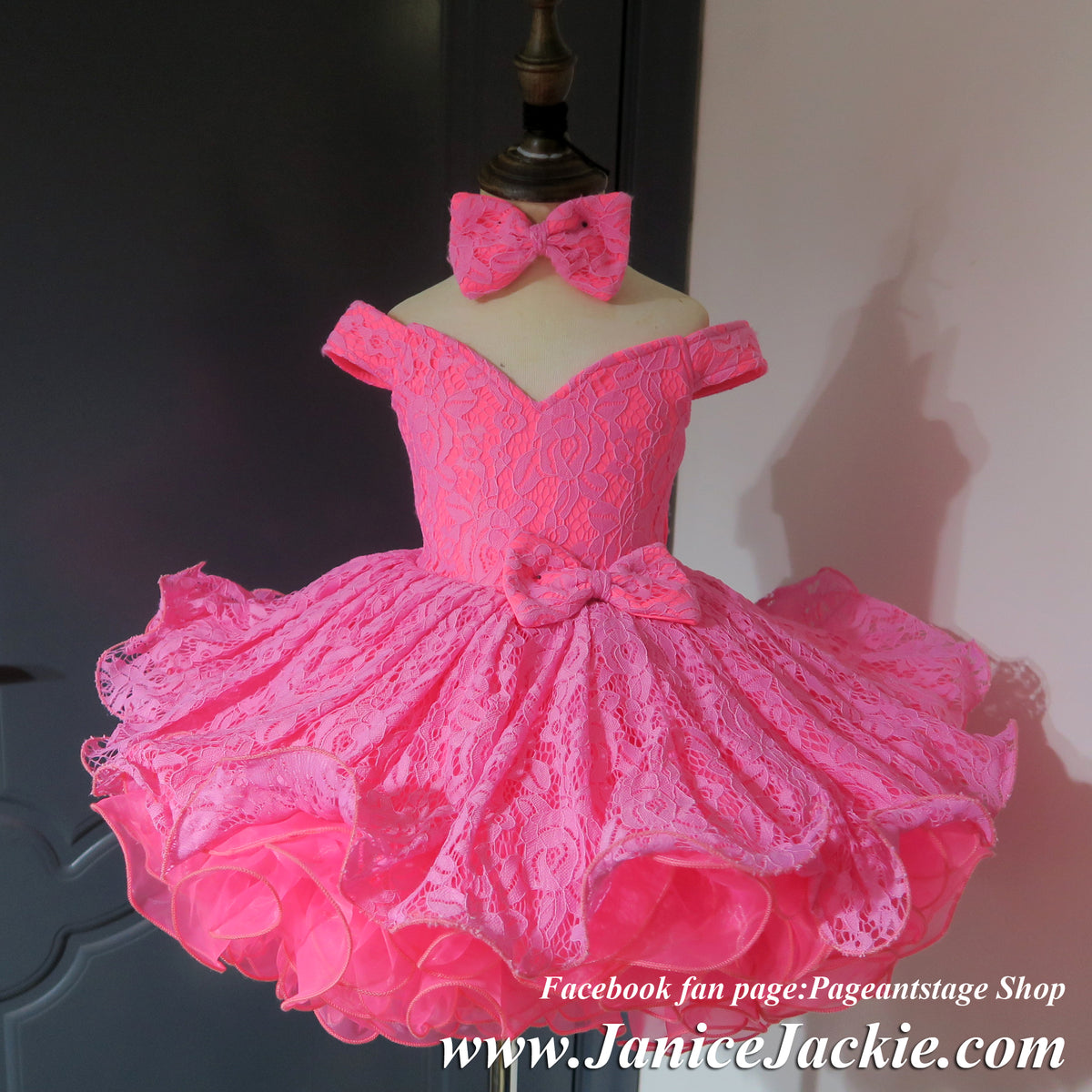 (#1344) Off shoulder flat style drop waist ONE PIECE babydoll pageant dress. (neon pink) / 3 ~ 4 weeks production (no necklace). (#1344) Off shoulder flat style drop waist ONE PIECE babydoll pageant dress. (neon pink) / 3 ~ 4 weeks production (no necklace).