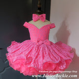 (#1344) Off shoulder flat style drop waist ONE PIECE babydoll pageant dress. (neon pink) / 3 ~ 4 weeks production (no necklace).