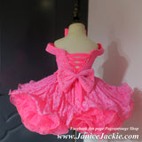(#1344) Off shoulder flat style drop waist ONE PIECE babydoll pageant dress. (neon pink) / 3 ~ 4 weeks production (no necklace).
