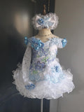 Attention : Kathy Breese DEPOSIT BILL (#1386) One of a kind MEGA GLITZ off shoulder flared national pageant dress. (white & blue)  /  (*Without necklace) - SHOW DATE: 23 APRIL