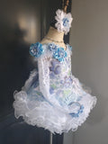 Attention : Kathy Breese DEPOSIT BILL (#1386) One of a kind MEGA GLITZ off shoulder flared national pageant dress. (white & blue)  /  (*Without necklace) - SHOW DATE: 23 APRIL