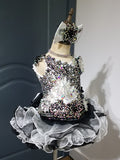(DRESS EXAMPLE) (#1403) Straps flat MEGA glitz national pageant dress. (white black) / 4 ~ 6 weeks production (*Without necklace)