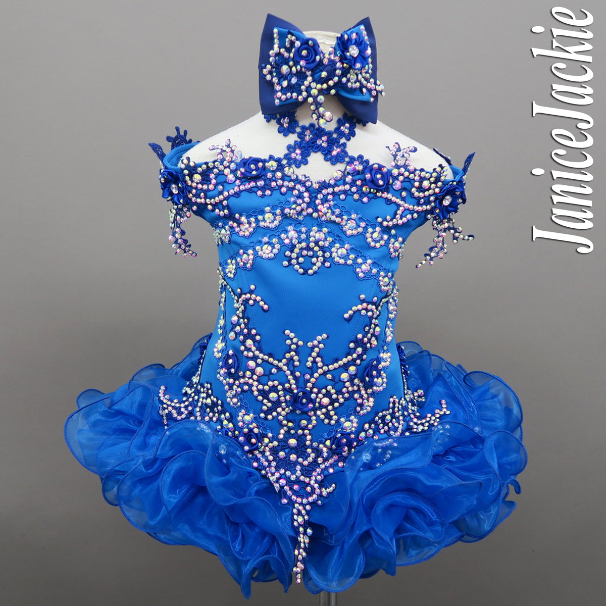 1006a Off shoulder flat High Glitz pageant dress. blue 3 4 weeks production