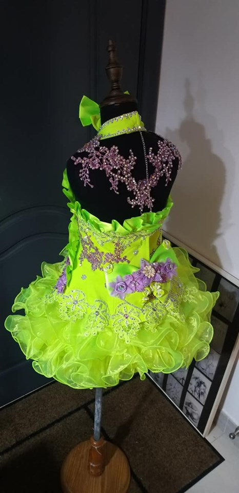 1010) Halter flared glitz national pageant dress. (neon green + ligh –  janicejackie