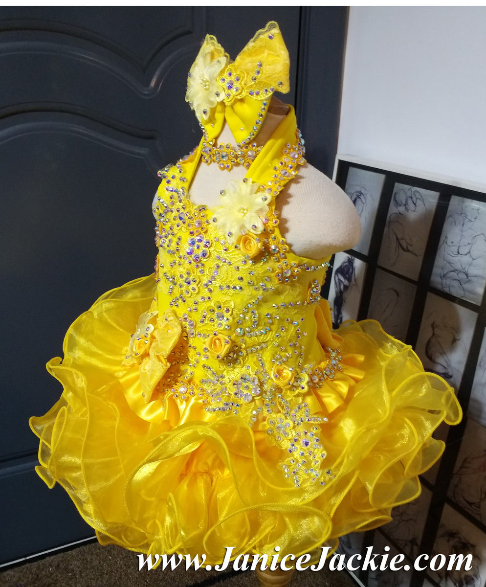 1015 Halter flat glitz pageant dress. yellow Without necklace janicejackie