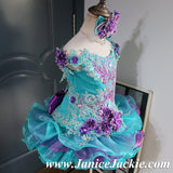 (#1017) Off shoulder flared glitz national pageant dress. (teal green, purple) / 3 ~ 4 weeks production (*Without necklace)