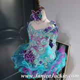 (#1017) Off shoulder flared glitz national pageant dress. (teal green, purple) / 3 ~ 4 weeks production (*Without necklace)