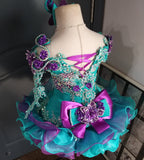 (#1017) Off shoulder flared glitz national pageant dress. (teal green, purple) / 3 ~ 4 weeks production (*Without necklace)