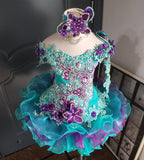 (#1017) Off shoulder flared glitz national pageant dress. (teal green, purple) / 3 ~ 4 weeks production (*Without necklace)