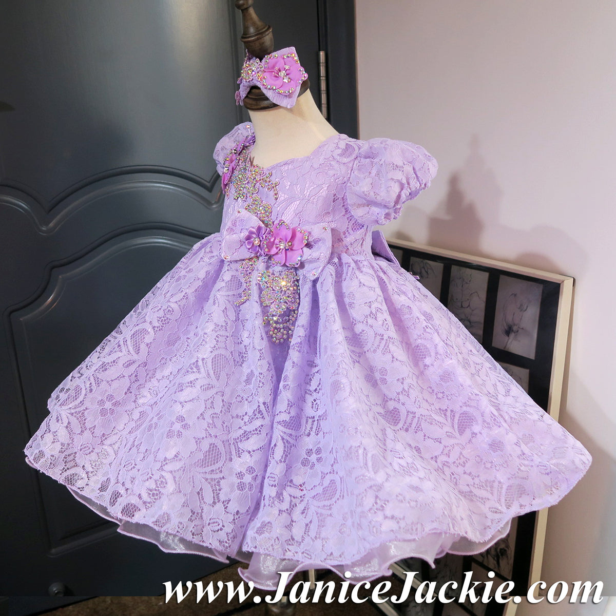 1024) Sleeve lace baby doll glitz pageant dress (lavender) 2~3