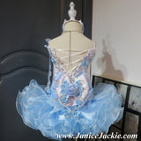 (#1035) Straps flat glitz national pageant dress. (white, light blue) / 2 ~ 3 weeks production (*Without necklace)
