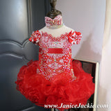 (#1043) Off shoulder flat glitz pageant dress. (red) / 2 weeks production