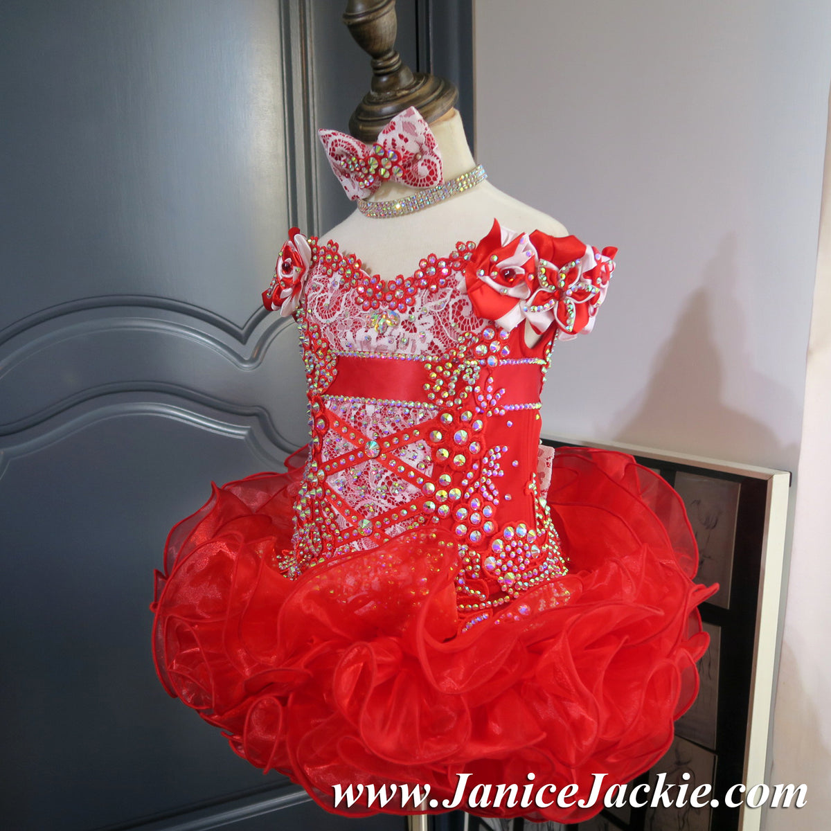 1043 Off shoulder flat glitz pageant dress. red 2 weeks production