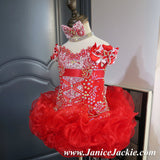 (#1043) Off shoulder flat glitz pageant dress. (red) / 2 weeks production