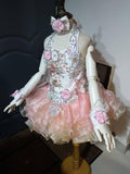 (#1051) Halter flat glitz national pageant dress. (rose pink & champagne)  / 2 ~ 3 weeks production (*Without necklace)
