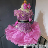 (#1053) Off shoulder flat glitz national pageant dress. (pinkish purple & black combo)  / 2 ~ 3 weeks production (*Without necklace)