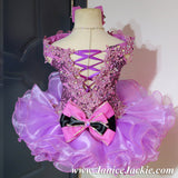 (#1058) Off shoulder flat glitz national pageant dress. (pinkish purple & black combo)  / 2 ~ 3 weeks production (*Without necklace)