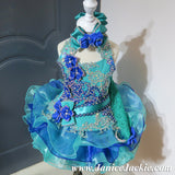 (#1063) Halter flared mega glitz national pageant dress. (green + blue) / 2 ~ 3 weeks production (Included detchable sleeve) (*Without necklace)