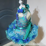 (#1063) Halter flared mega glitz national pageant dress. (green + blue) / 2 ~ 3 weeks production (Included detchable sleeve) (*Without necklace)