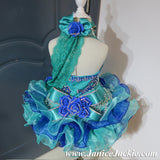 (#1063) Halter flared mega glitz national pageant dress. (green + blue) / 2 ~ 3 weeks production (Included detchable sleeve) (*Without necklace)
