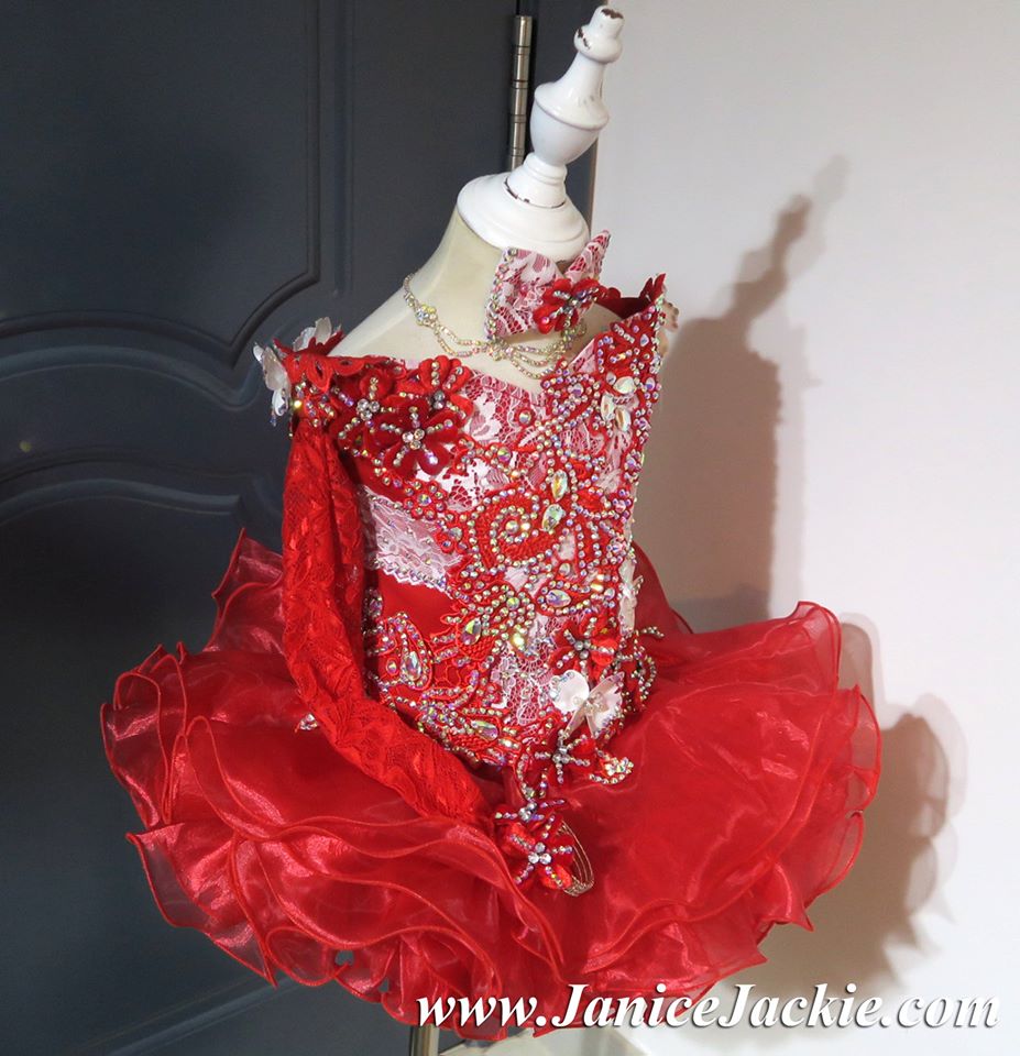 1068) Off shoulder flat glitz national pageant dress. (red & white) janicejackie 1068) Off shoulder flat glitz national pageant dress. (red & white) janicejackie