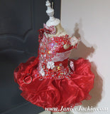 (#1068) Off shoulder flat glitz national pageant dress. (red & white) (incl single sleeve) / 3 ~ 4 weeks production (*Without necklace)