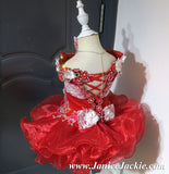 (#1068) Off shoulder flat glitz national pageant dress. (red & white) (incl single sleeve) / 3 ~ 4 weeks production (*Without necklace)
