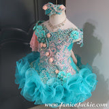 (#1072) Off shoulder flared glitz national pageant dress. (teal green & peach) / 2 ~ 3 weeks production (*Without necklace)