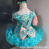 (#1072) Off shoulder flared glitz national pageant dress. (teal green & peach) / 2 ~ 3 weeks production (*Without necklace)