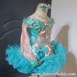 (#1073) Off shoulder flared glitz national pageant dress. (teal green & peach) / 2 ~ 3 weeks production (*Without necklace)