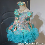 (#1073) Off shoulder flared glitz national pageant dress. (teal green & peach) / 2 ~ 3 weeks production (*Without necklace)