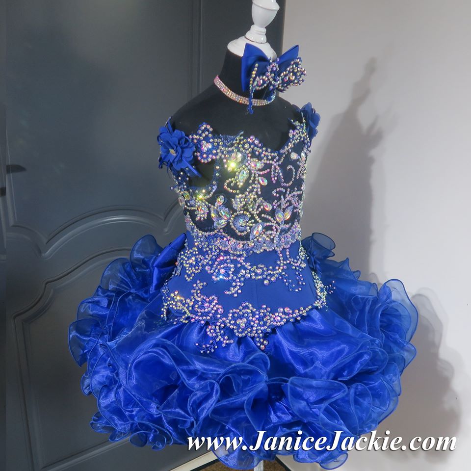 1135 Off shoulder flared glitz pageant dress. blue 2 3 wks