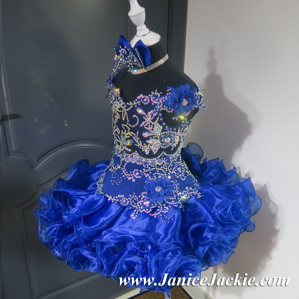 1135 Off shoulder flared glitz pageant dress. blue 2 3 wks