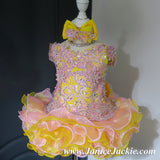 (#1140) Off shoulder flat glitz national pageant dress. (yellow & pink)  / 3 ~ 4 weeks production (*Without necklace)