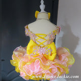 (#1140) Off shoulder flat glitz national pageant dress. (yellow & pink)  / 3 ~ 4 weeks production (*Without necklace)