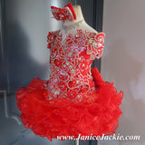 (DRESS EXAMPLE) (#1141) Off shoulder flat MEGA glitz national pageant dress. (red) / 2 ~ 3 weeks production (*Without necklace)