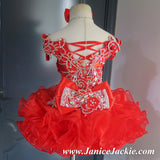 (DRESS EXAMPLE) (#1141) Off shoulder flat MEGA glitz national pageant dress. (red) / 2 ~ 3 weeks production (*Without necklace)