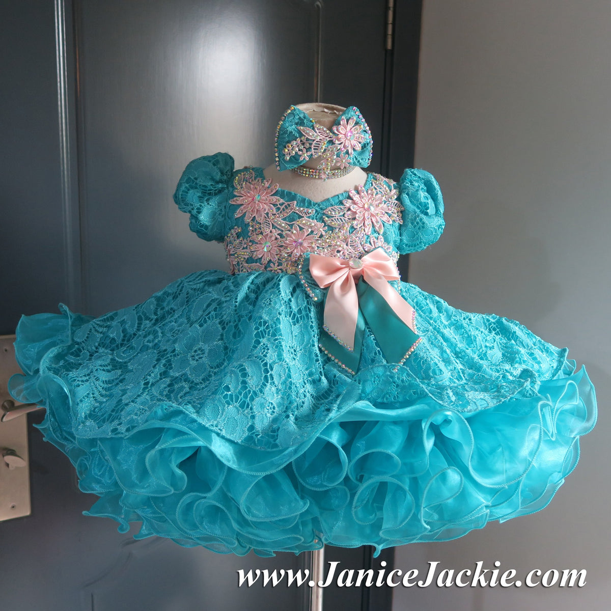 (#1158) Sleeve lace baby doll glitz pageant dress (teal+peach) / 2~3 weeks production/no necklace (#1158) Sleeve lace baby doll glitz pageant dress (teal+peach) / 2~3 weeks production/no necklace