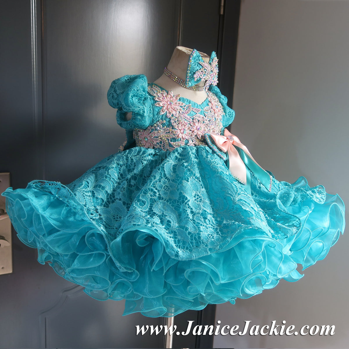 1158 Sleeve lace baby doll glitz pageant dress teal peach 2 3 weeks production no necklace