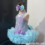 (#1181) Halter flat glitz national pageant dress. (seafoam blue + lavender) / 2 ~ 3 weeks production (*Without necklace)
