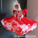 (#1194) Sleeve lace baby doll glitz pageant dress (red + white) / 2~3 weeks production