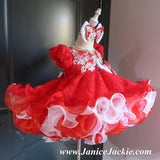 (#1194) Sleeve lace baby doll glitz pageant dress (red + white) / 2~3 weeks production