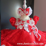 (#1194) Sleeve lace baby doll glitz pageant dress (red + white) / 2~3 weeks production